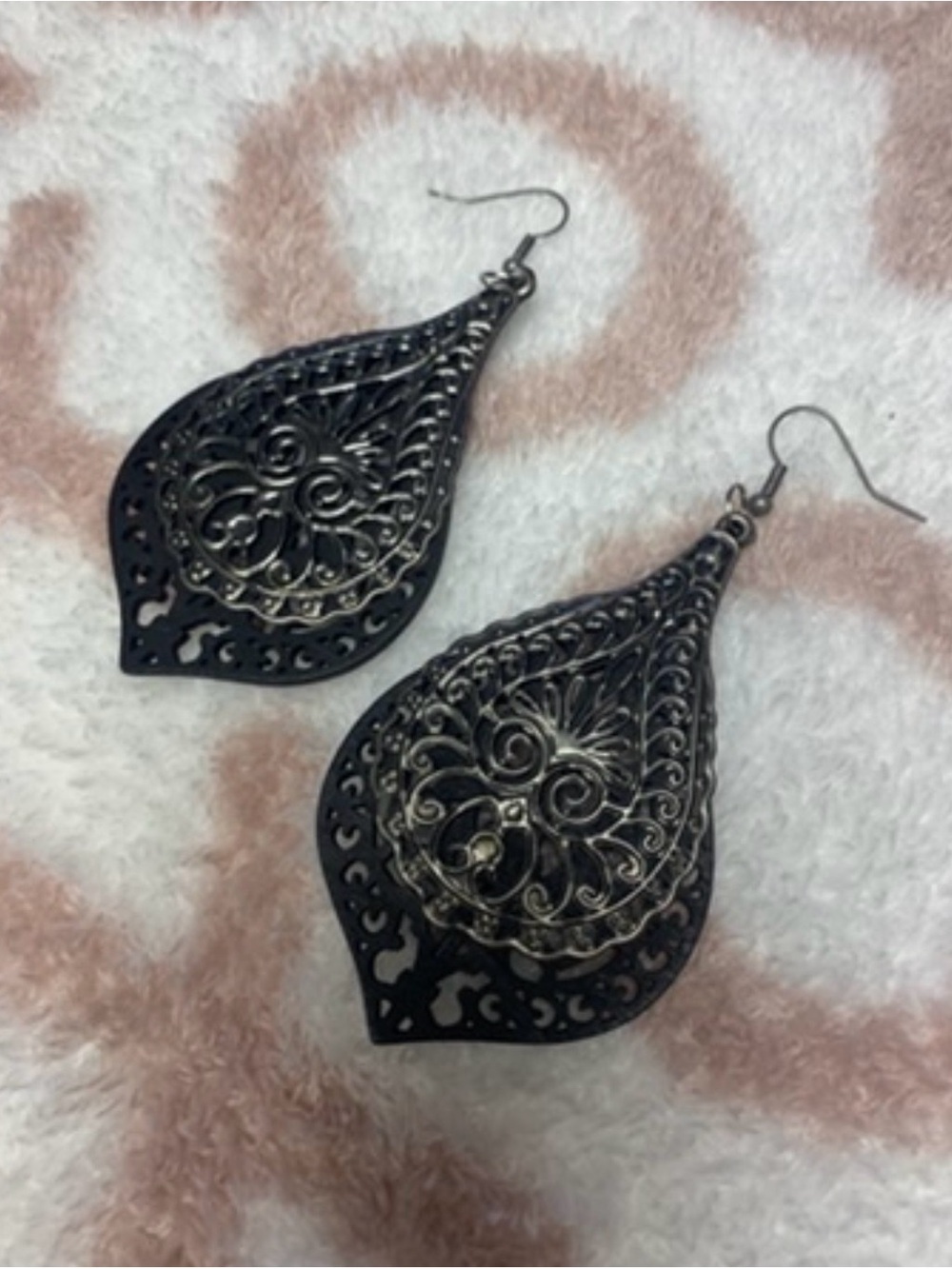 Silver Tone Filigree and Black Wood Tear Drop Dangle Earrings